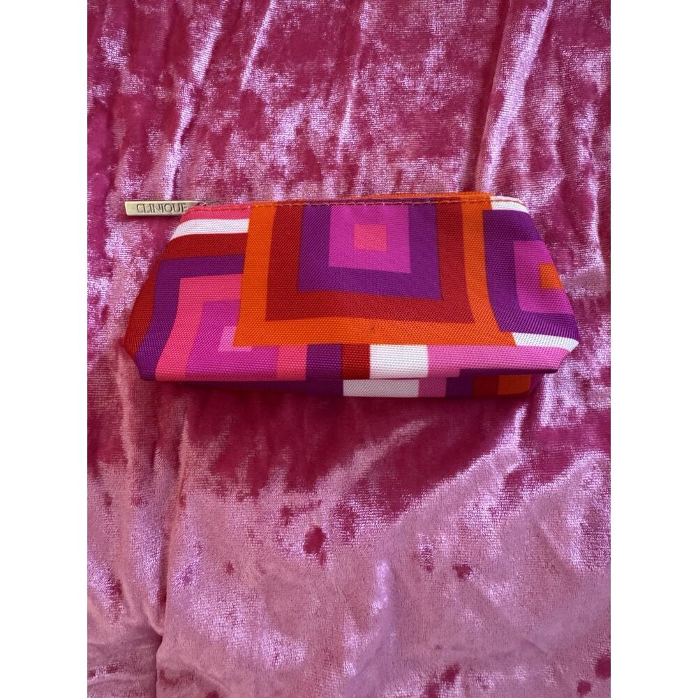 Clinique Cosmetic Bag Mini Geometric Pattern Red Pink Purple Zipper
